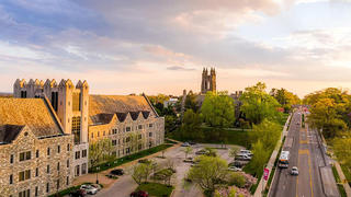 Aerial sunset view of Mandeville Hall looking down City Avenue