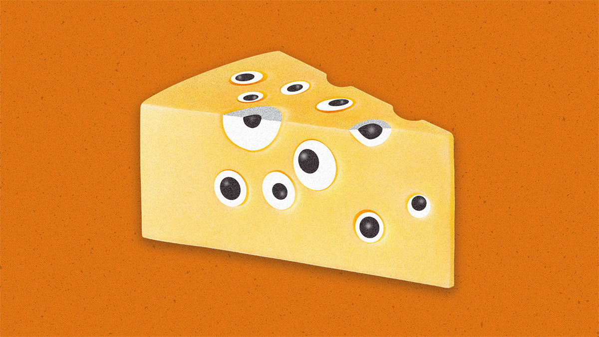 Illustration of a hunk of swiss cheese with eyeballs in the holes