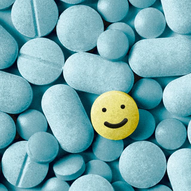 illustration of pile of blue pills and one yellow one with a smile on it