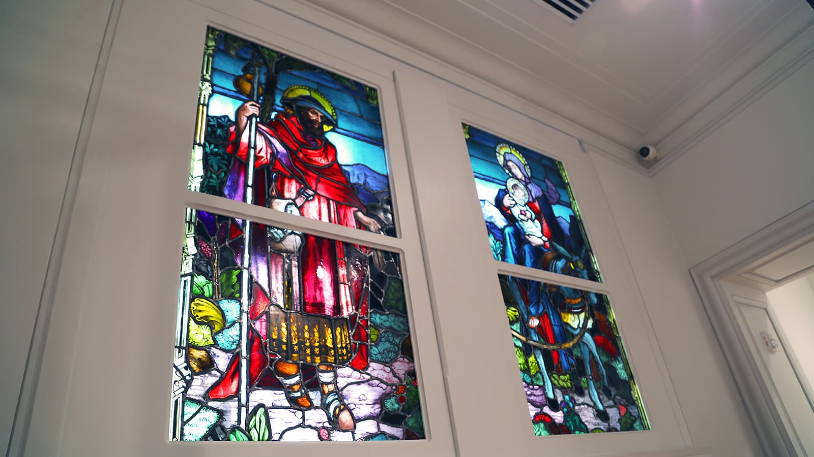 Saint Joseph's University Maguire Museum stained glass art on a white wall