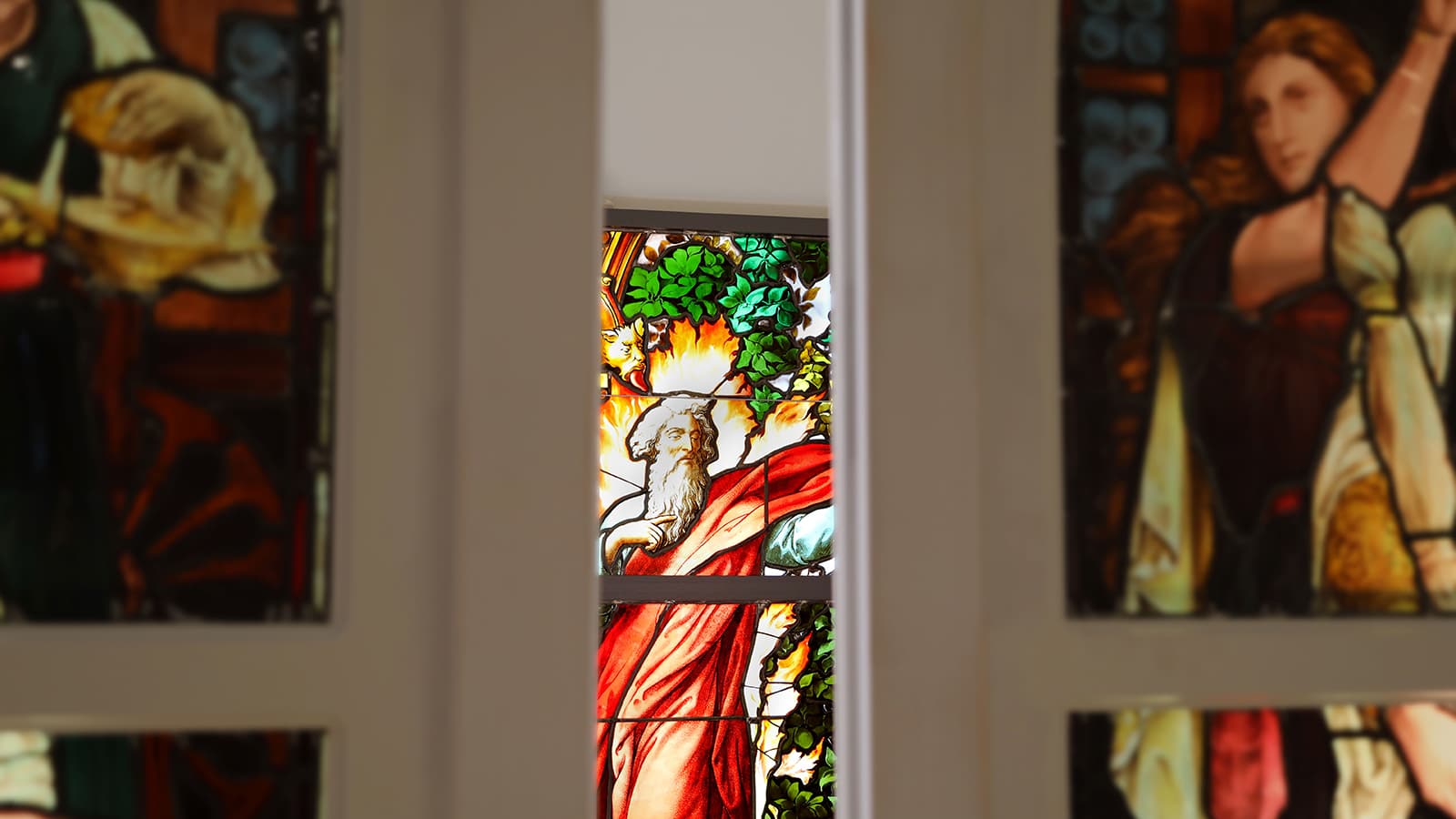 Photo of stained glass art of Moses at Saint Joseph's University Maguire Museum