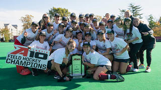 Saint Joseph's University's field hockey team took a group photo with their sixth A-10 championship trophy
